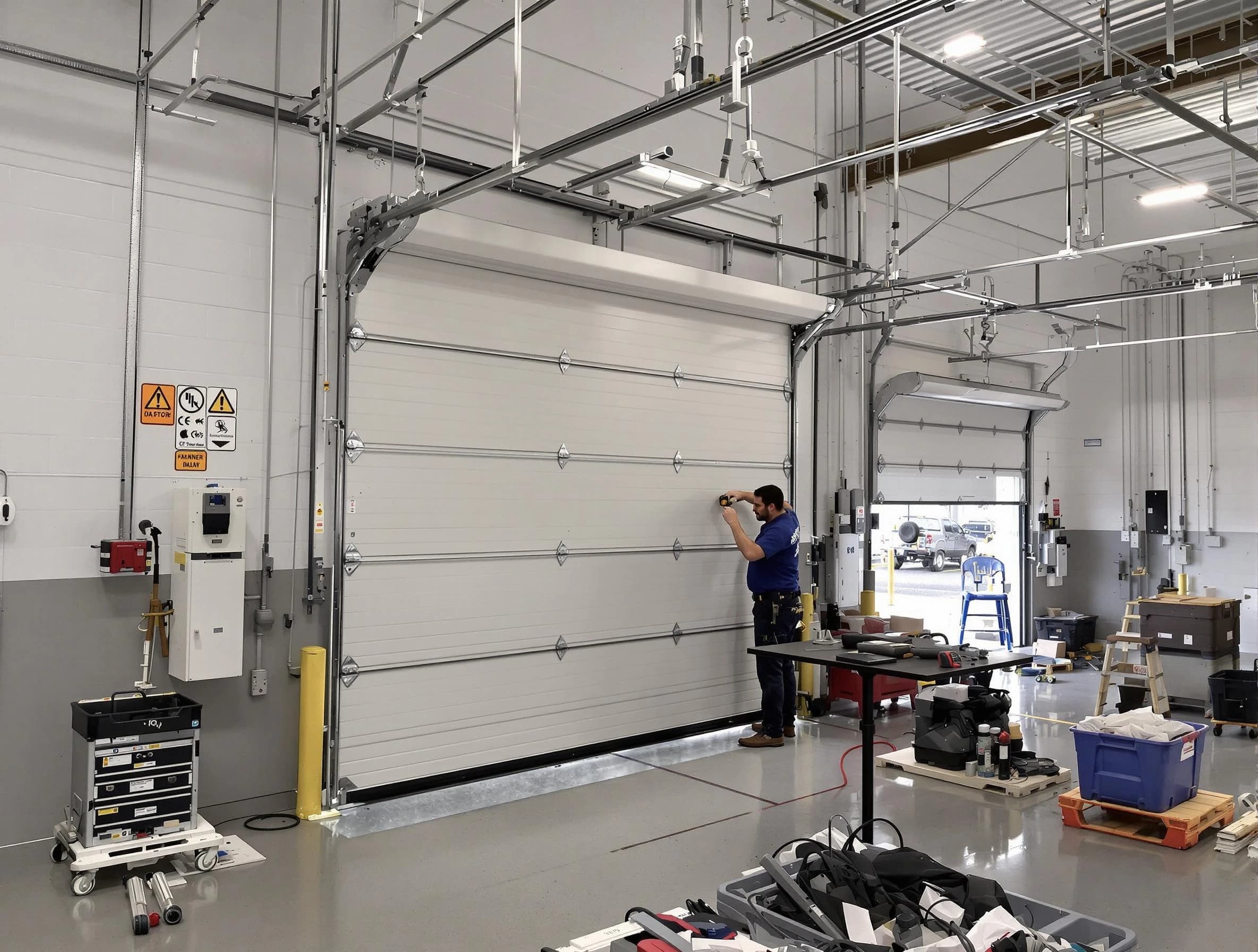 Commercial garage door repair being performed by Stonegate Garage Door Repair expert in Stonegate