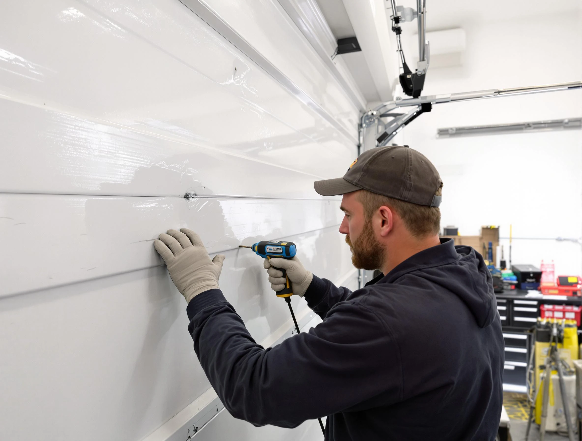 Stonegate Garage Door Repair technician demonstrating precision dent removal techniques on a Stonegate garage door