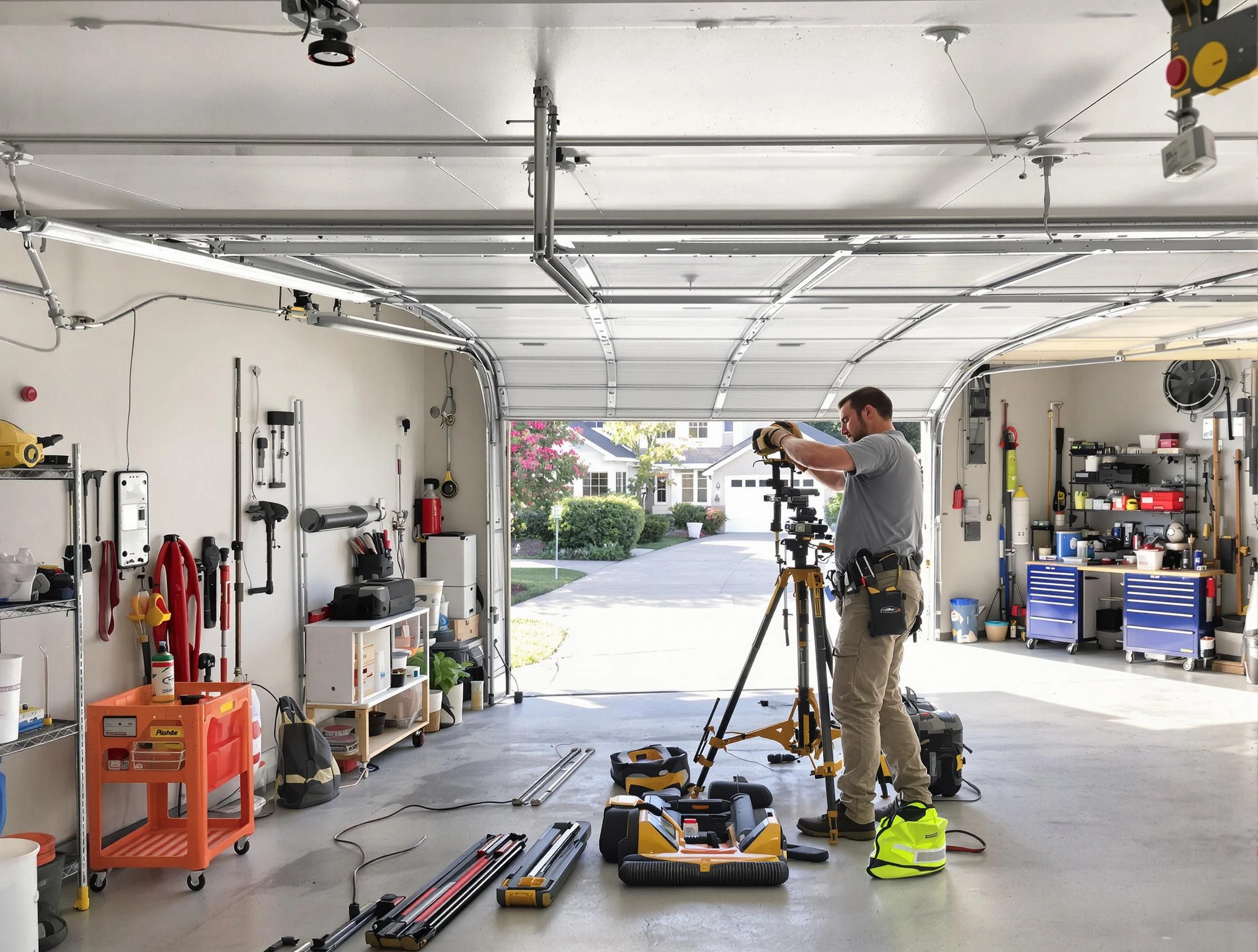 Stonegate Garage Door Repair specialist performing laser-guided track alignment in Stonegate